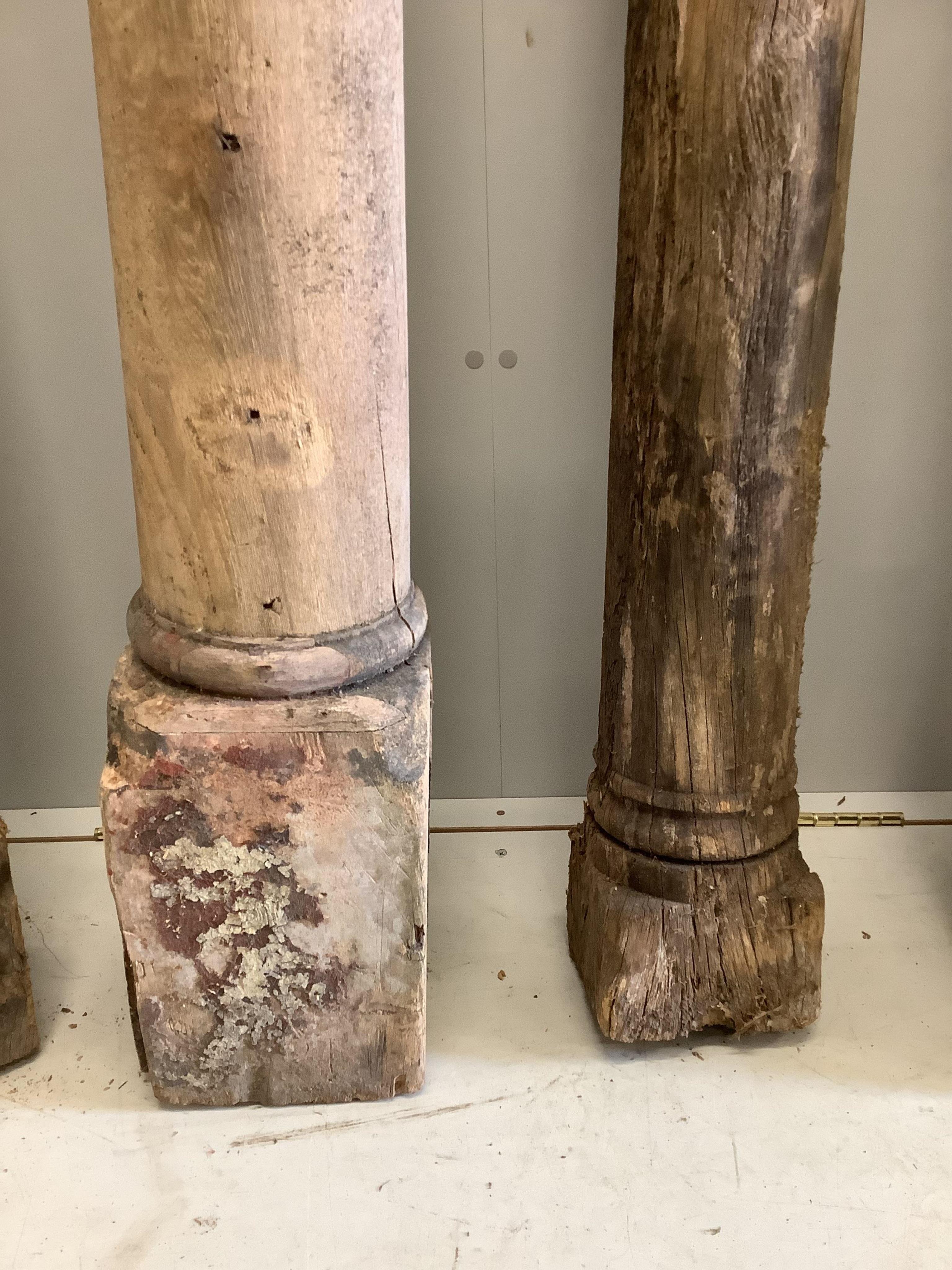 Six assorted hardwood columns, said to have come from a 19th century ship, tallest 164cm. Condition - variable from poor to fair